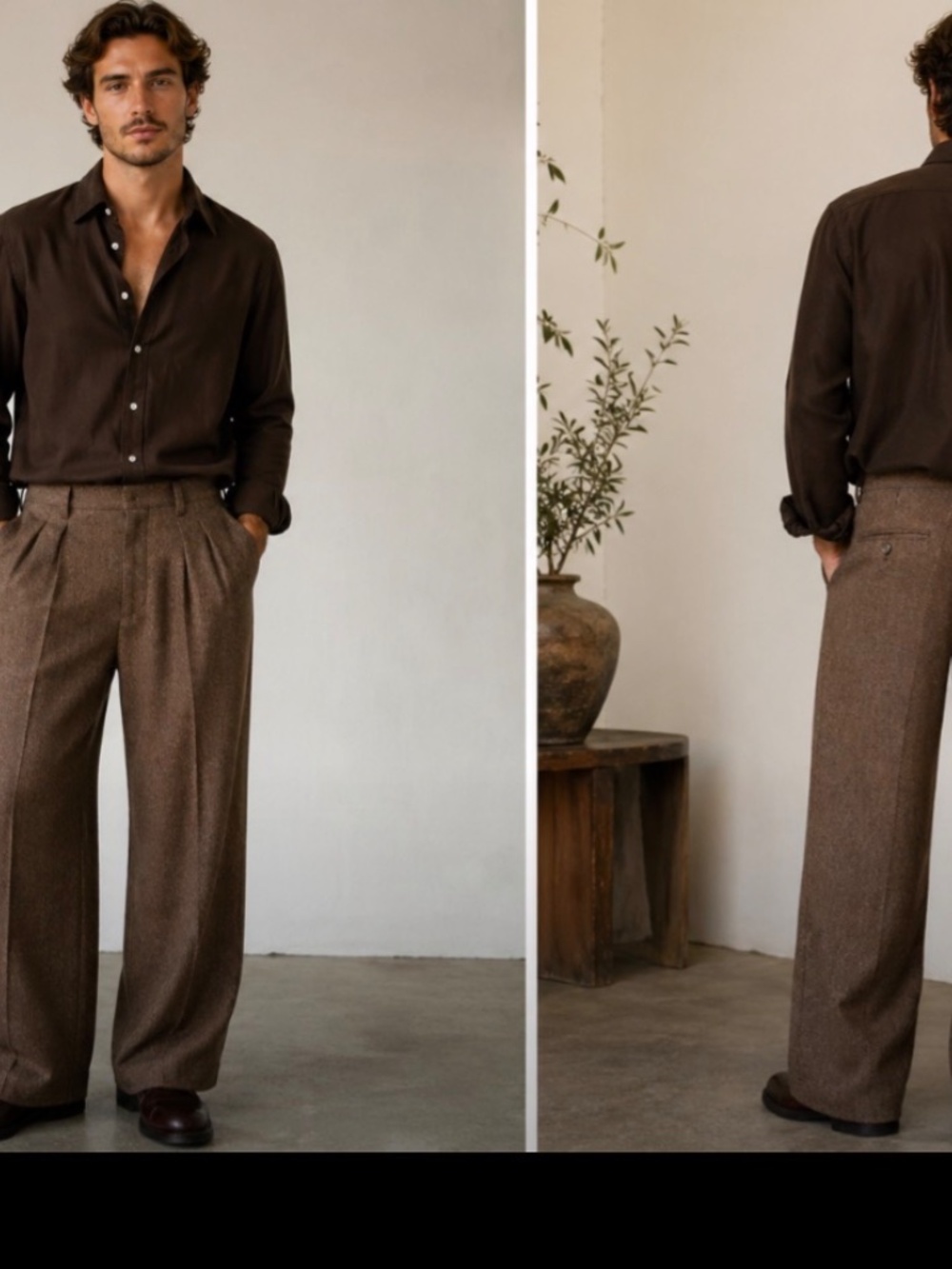 Topman Wide Leg Pleated Herringbone Trousers β Brown β W30 - Picture 3 of 5